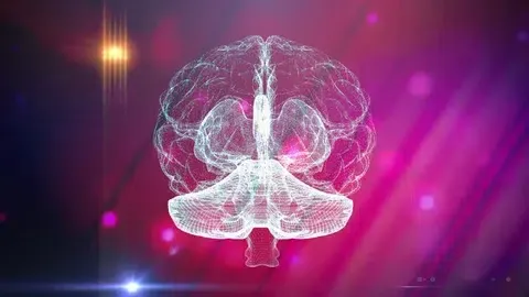 alt=Représentation filaire numérique d’un cerveau humain vu de dos, sur fond abstrait rose et violet