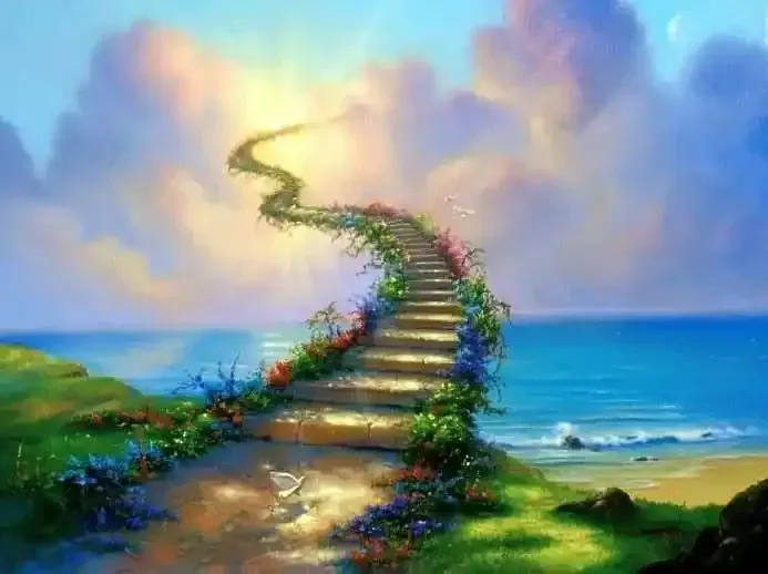 Balise alt : "Illustration d'un escalier en colimaçon entouré de fleurs colorées, menant vers le ciel et la mer sous un coucher de soleil. Des oiseaux volent autour des marches, symbolisant la liberté et l'espoir."