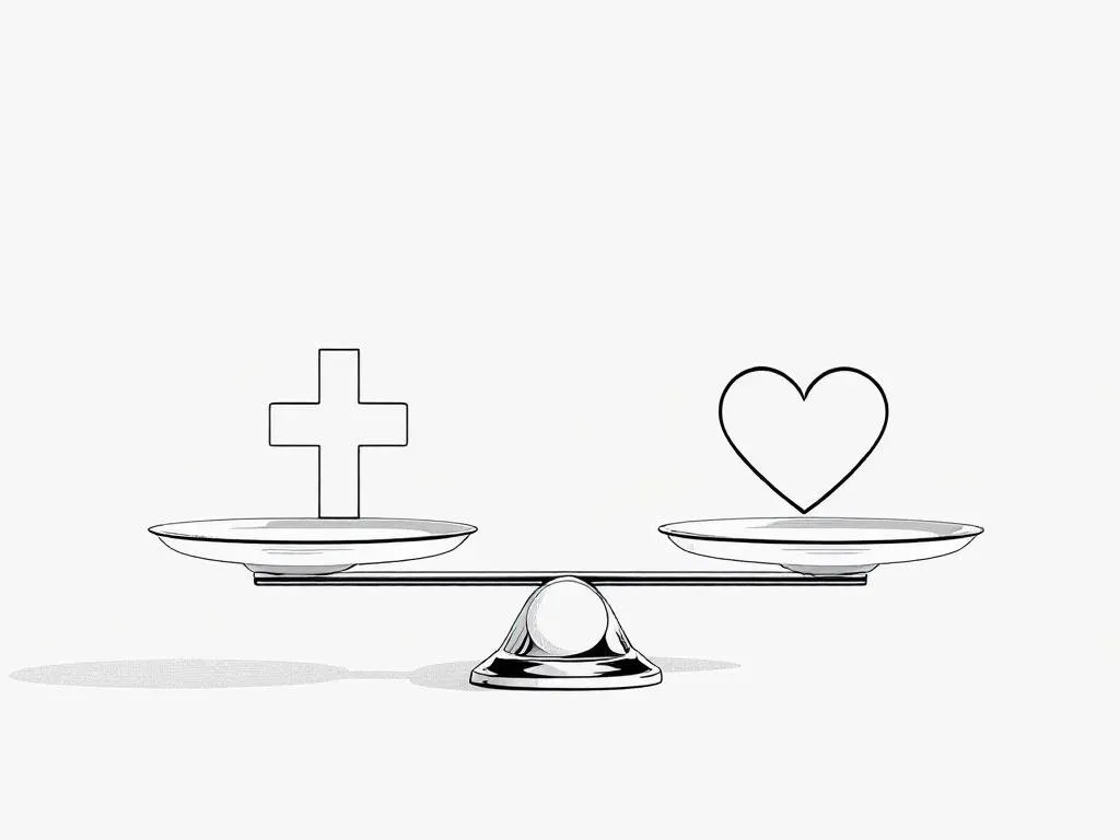 Une balance stylisée avec une croix médicale d’un côté et un cœur de l’autre, représentant le débat sur l’euthanasie jpg