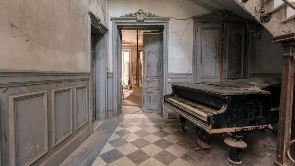L’Écho du passé un piano abandonné dans un salon en ruine